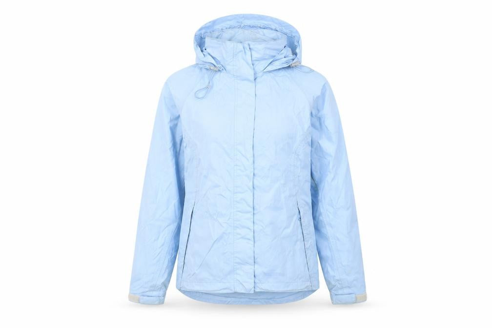 Front view of Mountain pass women’s blue jacket coat, size UK 8, zip