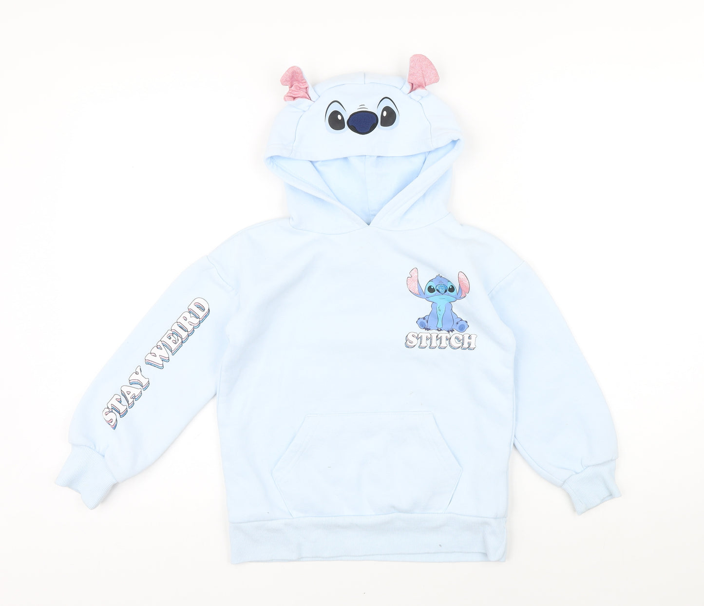 Disney Girls Blue Cotton Pullover Hoodie Size 7-8 Years Pullover - Stitch Stay weird