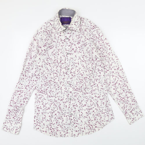 Curtis Brandon Mens White Floral Cotton Blend Button-Up Size S Collared Button