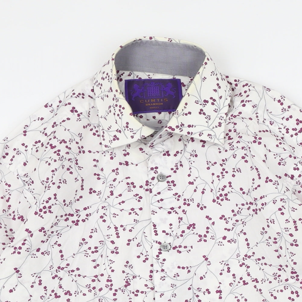 Curtis Brandon Mens White Floral Cotton Blend Button-Up Size S Collared Button