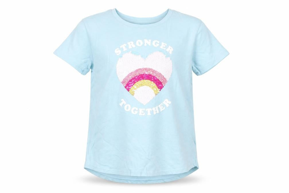Front view of Gap girls’ blue 100% cotton basic t-shirt, size XL, round neck pullover - stronger together