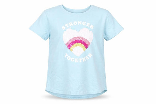 Front view of Gap girls’ blue 100% cotton basic t-shirt, size XL, round neck pullover - stronger together