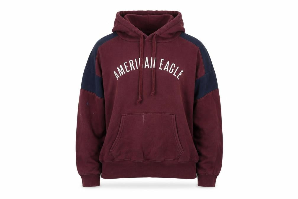 Front view of American Eagle women’s red colourblock cotton pullover hoodie, size M, pullover - american eagle
