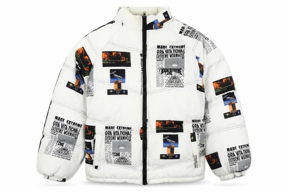 Front view of Made Extreme men’s white geometric puffer jacket jacket, size M, zip - space. steven hawkins