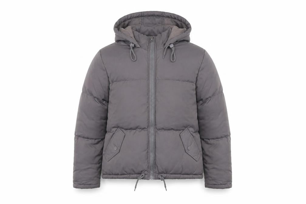 Front view of Brave Soul women’s grey puffer jacket coat, size UK 8, zip