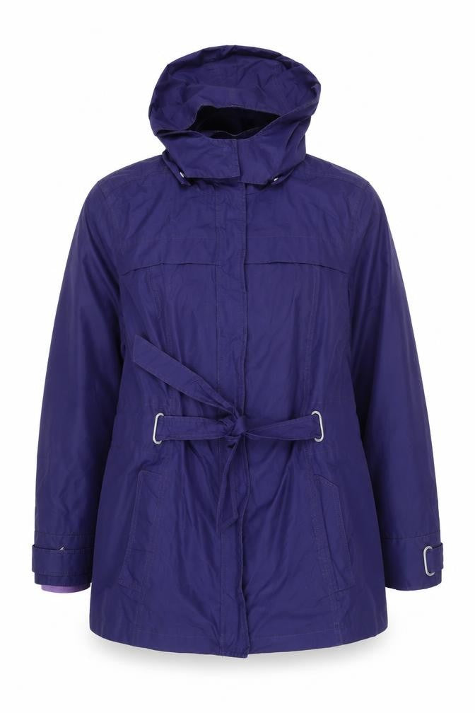 Front view of Maine New England women’s purple rain coat coat, size UK 18, zip