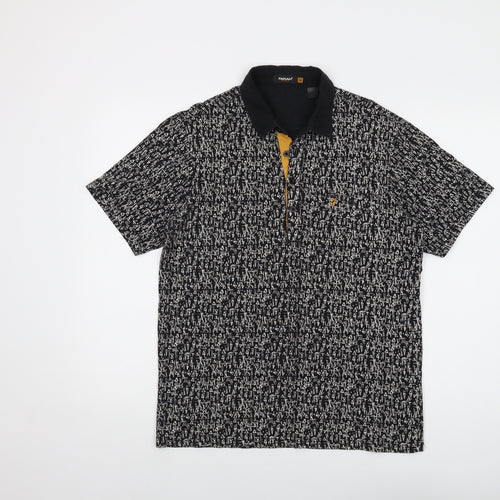 Farah Mens Black Geometric Cotton Polo Size M Collared Button