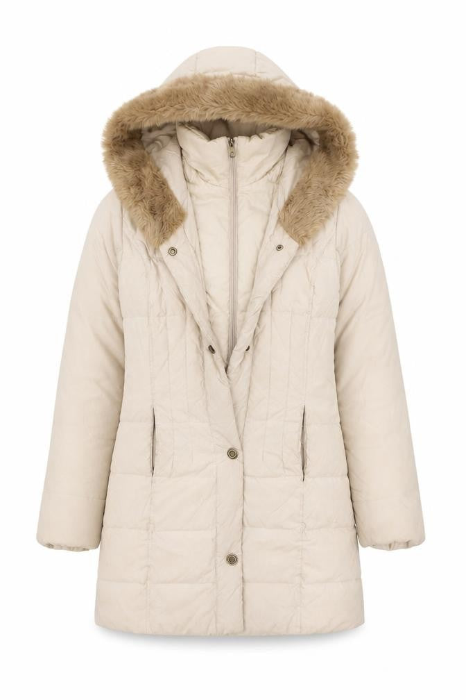 Front view of Larry Levine women’s beige jacket, size S, zip