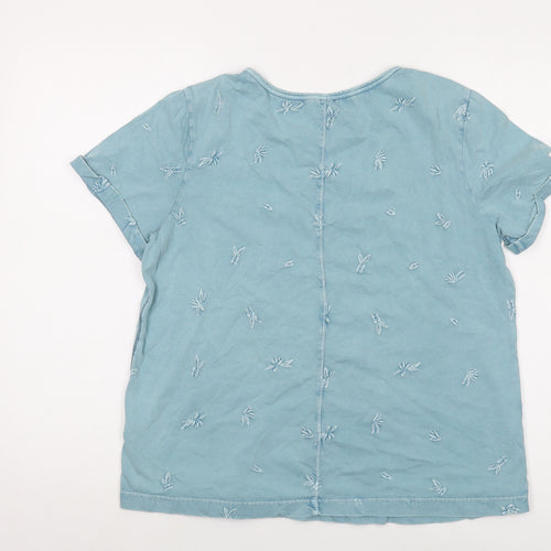 White Stuff Womens Blue Geometric Cotton Basic T-Shirt Size 14 Round Neck
