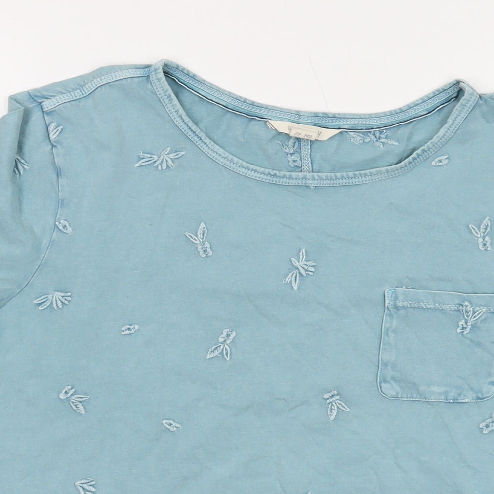 White Stuff Womens Blue Geometric Cotton Basic T-Shirt Size 14 Round Neck