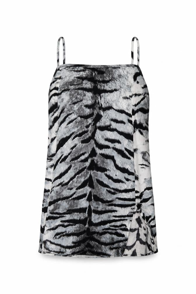 Front view of Motel Rocks women’s grey animal print viscose basic tank, size S, square neck