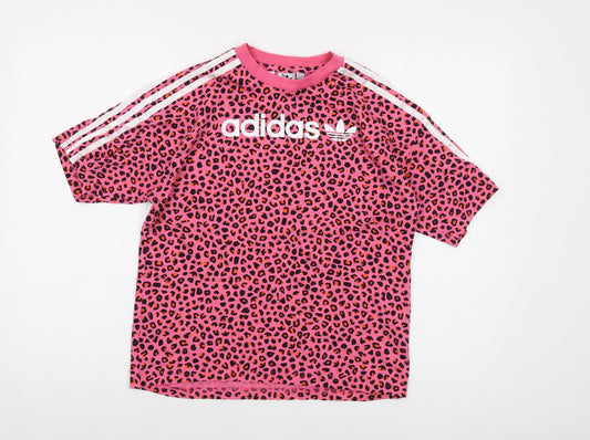 adidas Girls Pink Animal Print Cotton Basic T-Shirt Size 9-10 Years Crew Neck Pullover