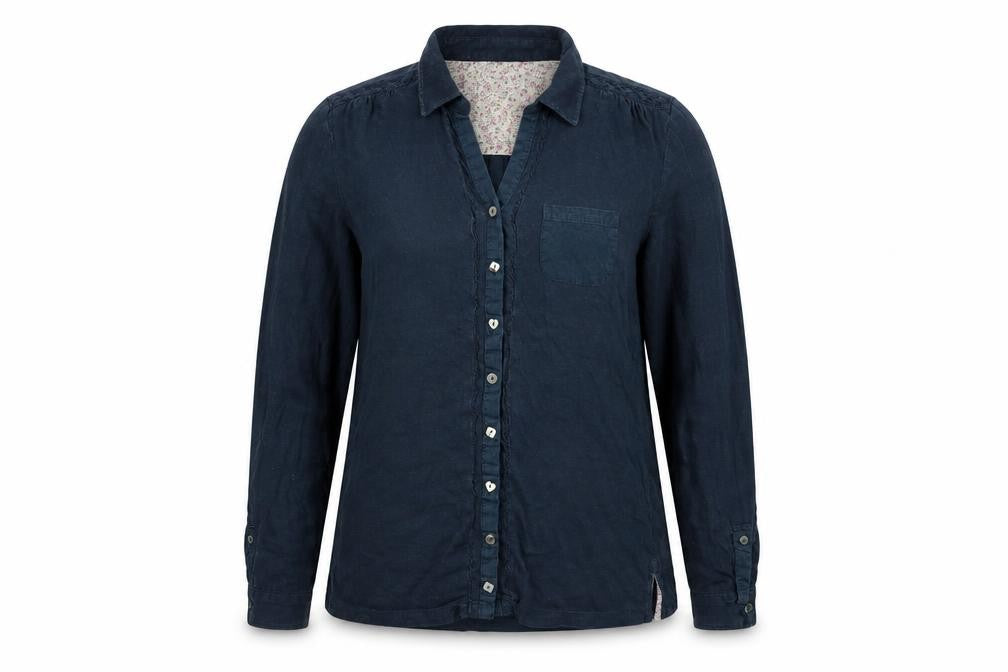 Front view of Mistral women’s blue cotton basic blouse, size UK 10, collared