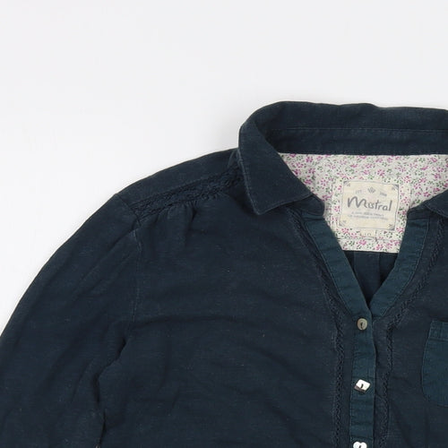 Mistral Womens Blue Cotton Basic Blouse Size 10 Collared