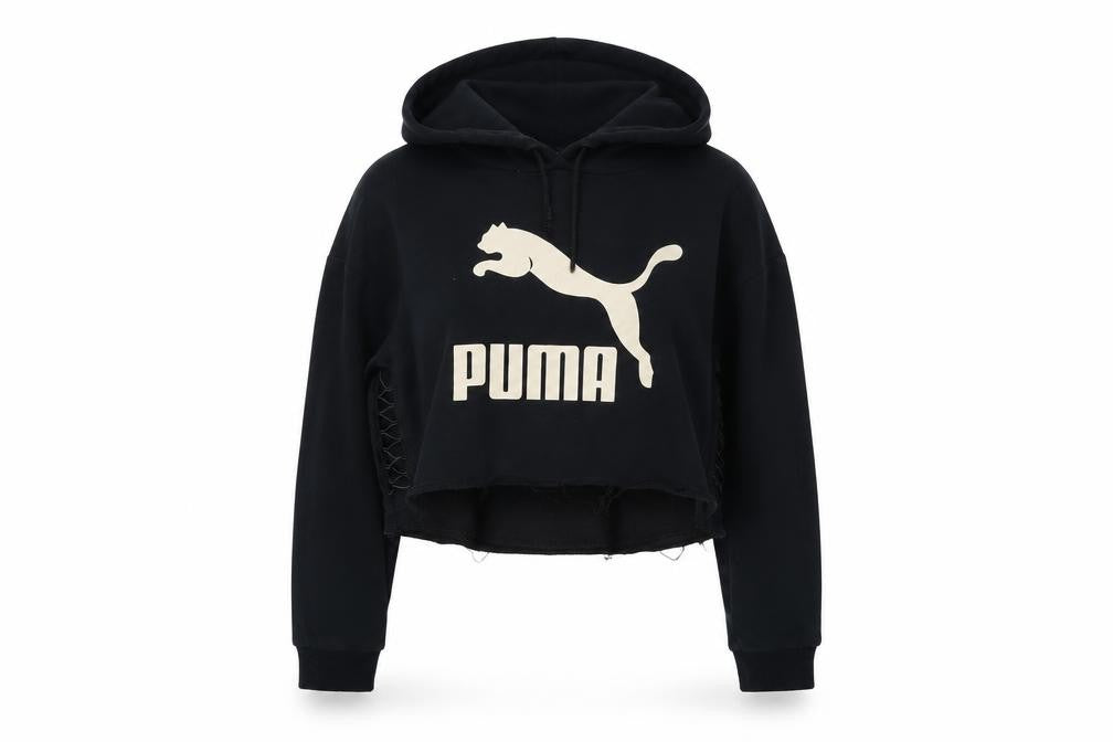 Front view of Pu, ma women’s black cotton pullover hoodie, size S, pullover