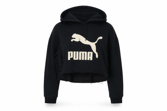 Front view of Pu, ma women’s black cotton pullover hoodie, size S, pullover
