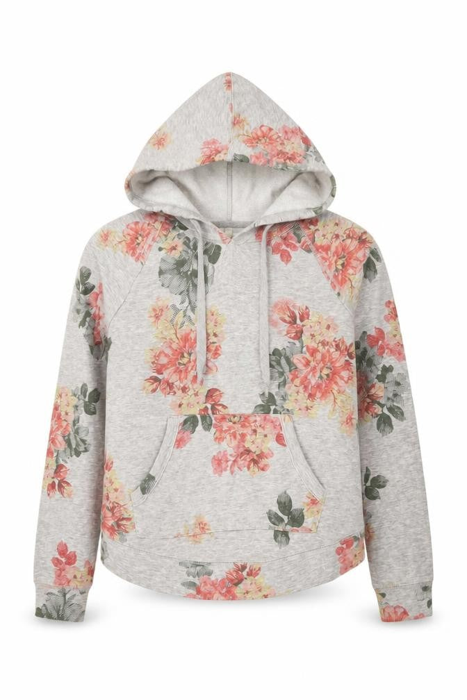 Front view of Maurices women’s grey floral cotton pullover hoodie, size XS, pullover