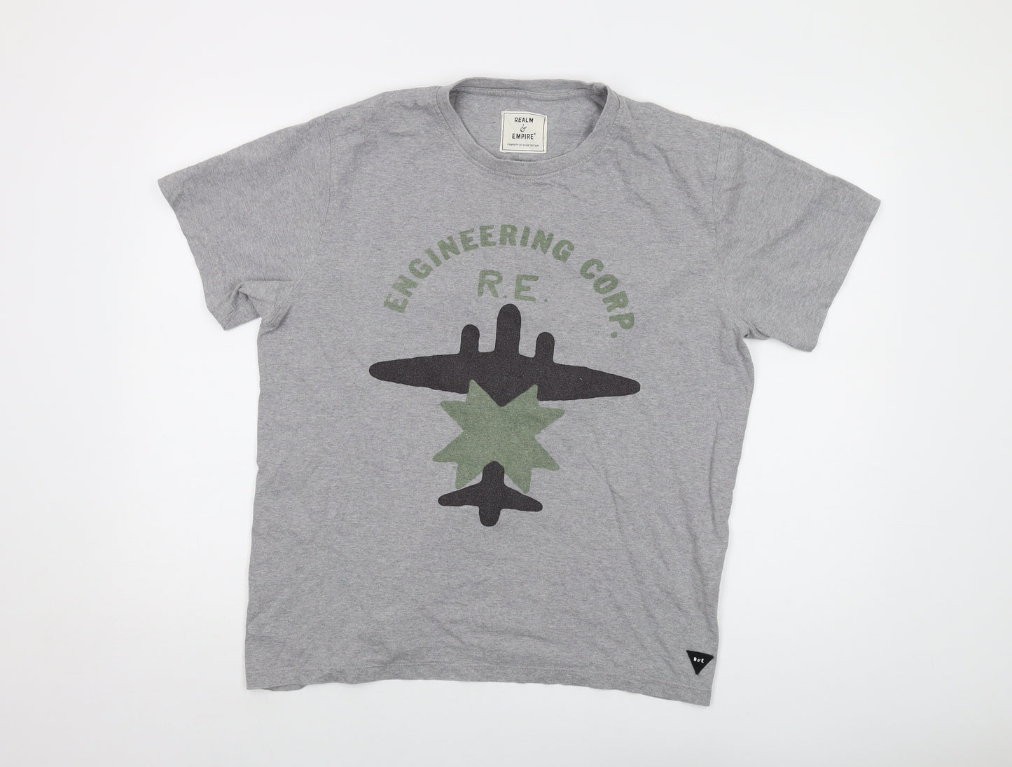 Realm & Empire Mens Grey Cotton T-Shirt Size L Crew Neck