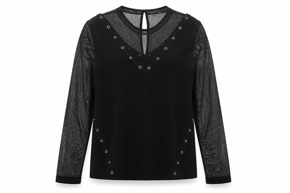Front view of Julien Macdonald women’s black polyester basic blouse, size UK 12, crew neck