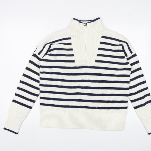 Landsend Womens White Striped Cotton Pullover Sweatshirt Size S Zip