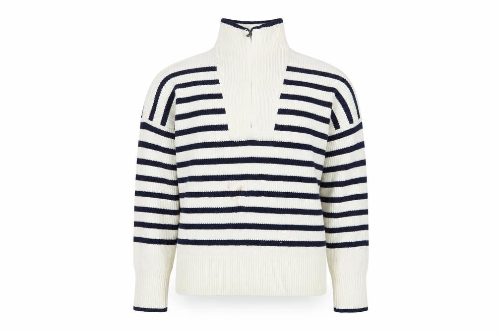 Front view of Landsend women’s white striped cotton pullover sweatshirt, size S, zip