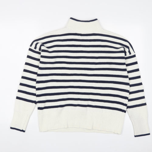 Landsend Womens White Striped Cotton Pullover Sweatshirt Size S Zip