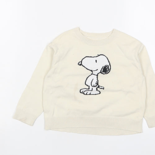 Peanuts Girls Ivory Crew Neck Cotton Pullover Jumper Size 3 Years Pullover - Embroidered