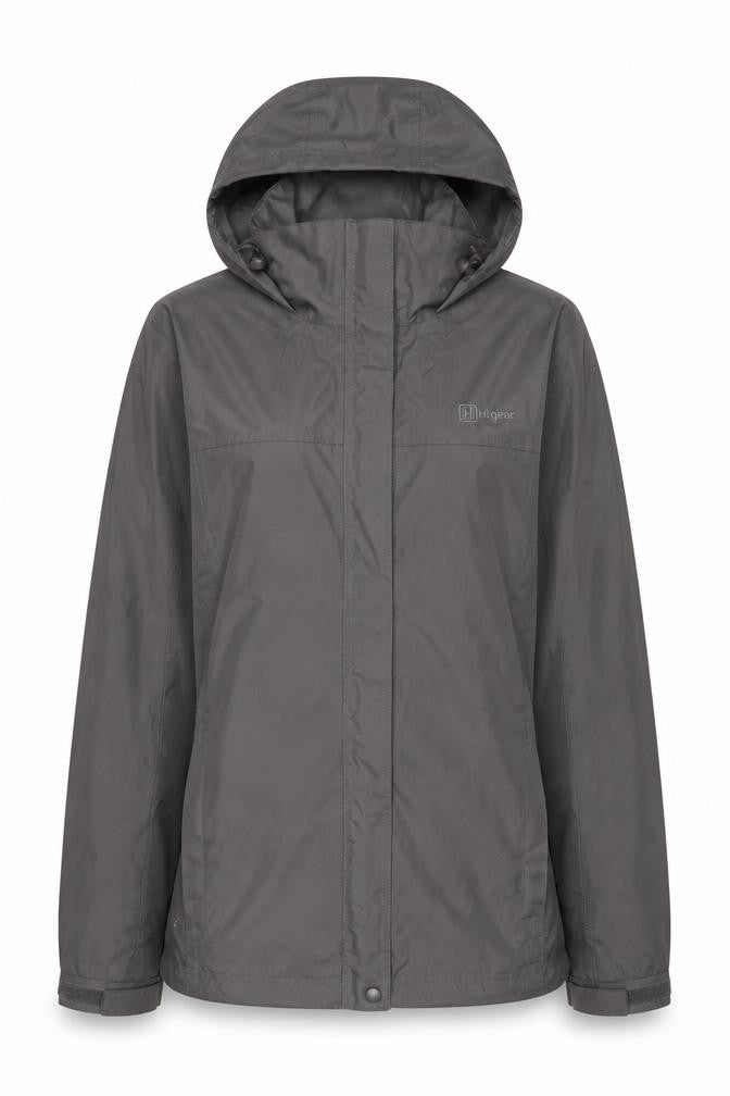 Front view of Hi Gear women’s grey jacket coat, size UK 16, zip - logo, embroidered