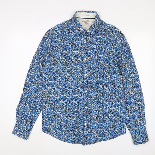 Penguin' Mens Blue Floral Cotton Button-Up Size M Collared Button
