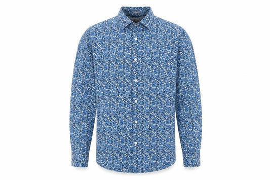 Front view of Original Penguin' men’s blue floral cotton button-up, size M, collared button