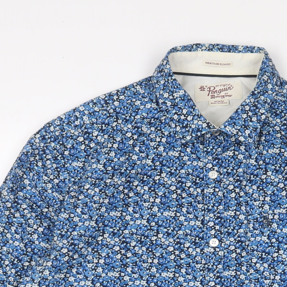 Penguin' Mens Blue Floral Cotton Button-Up Size M Collared Button