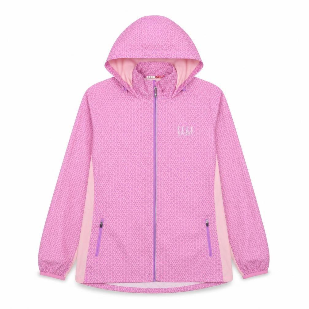 Front view of Elle Sport women’s pink geometric jacket, size L, zip - logo
