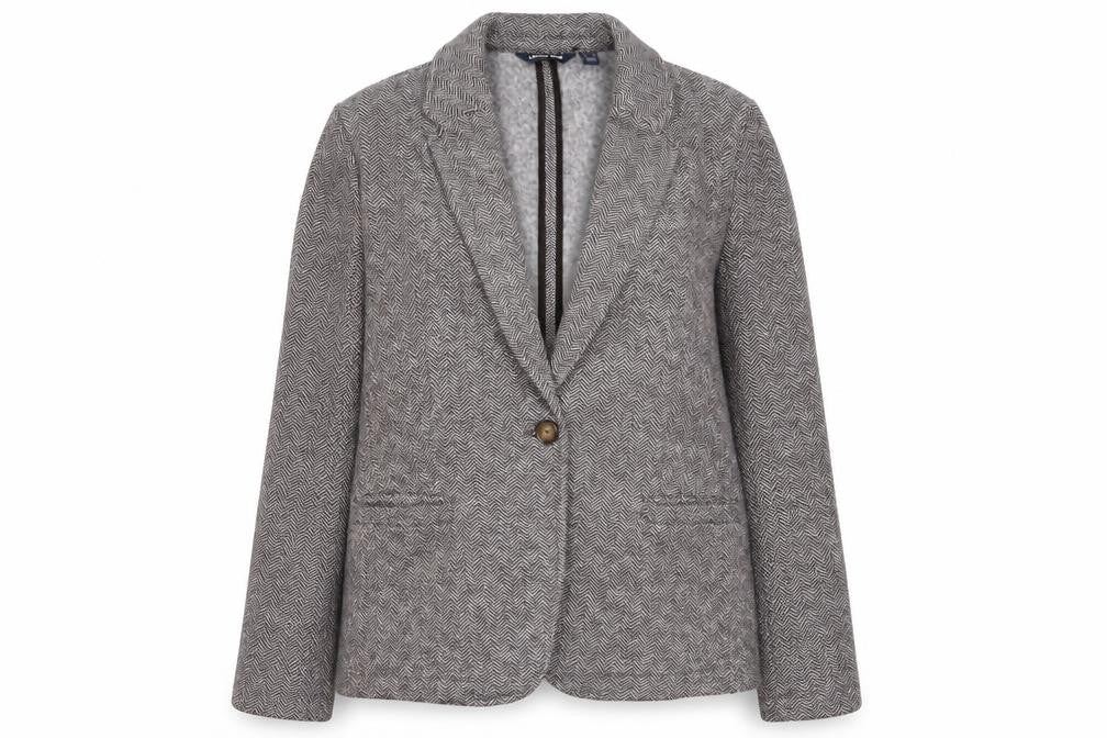 Front view of Landsend women’s brown geometric jacket blazer, size M, button