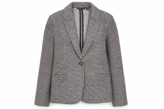 Front view of Landsend women’s brown geometric jacket blazer, size M, button