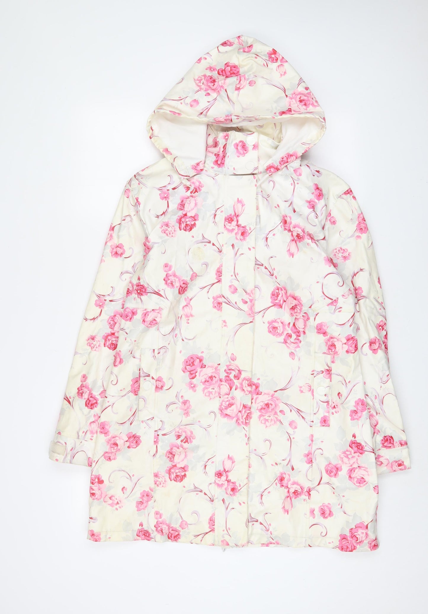 SOS JENSON Womens White Floral Rain Coat Coat Size M Zip