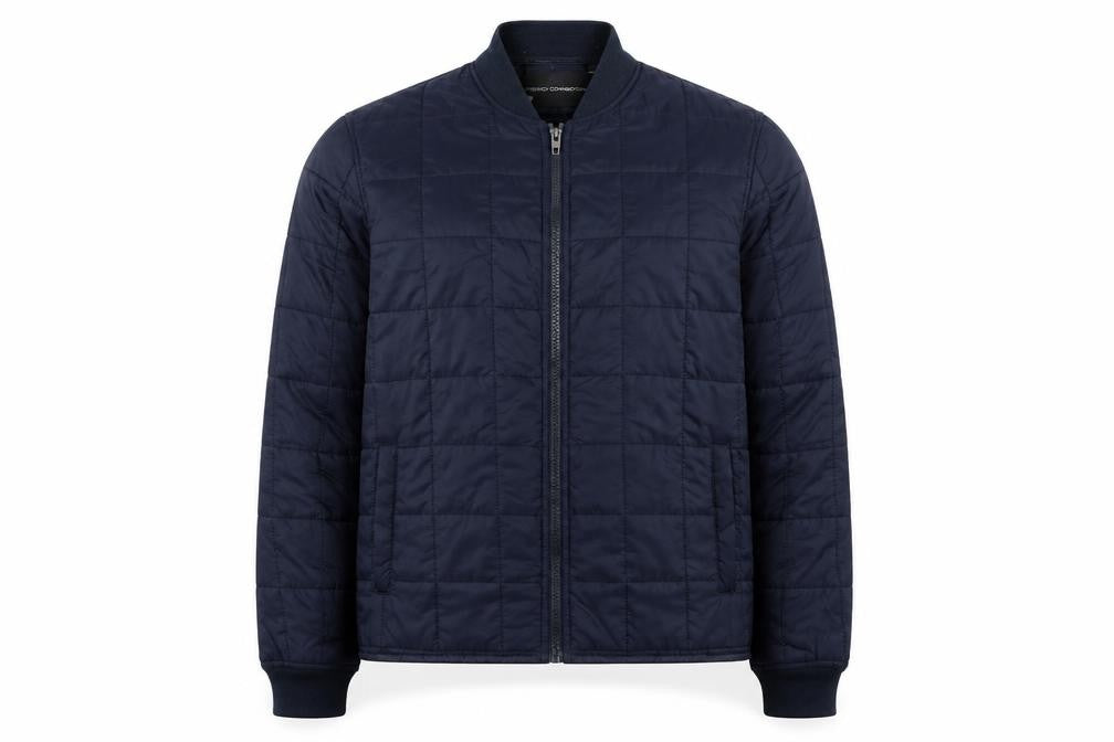 Front view of French Connection men’s blue quilted jacket, size L, zip