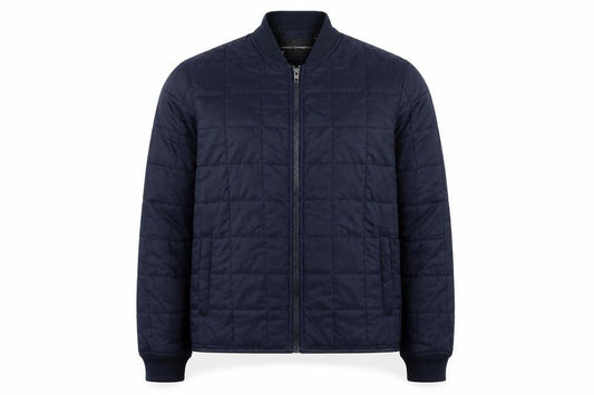 Front view of French Connection men’s blue quilted jacket, size L, zip