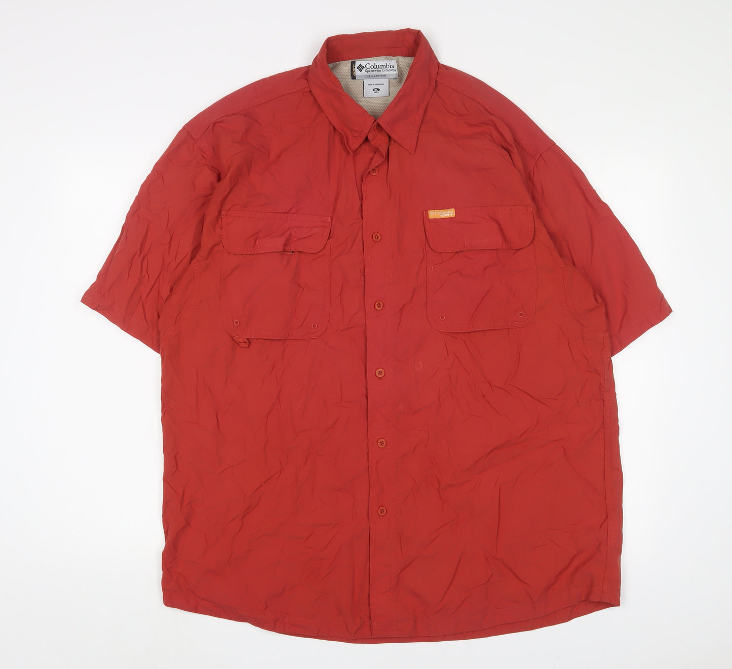 Columbia Mens Orange Polyester Button-Up Size L Collared Button - Logo