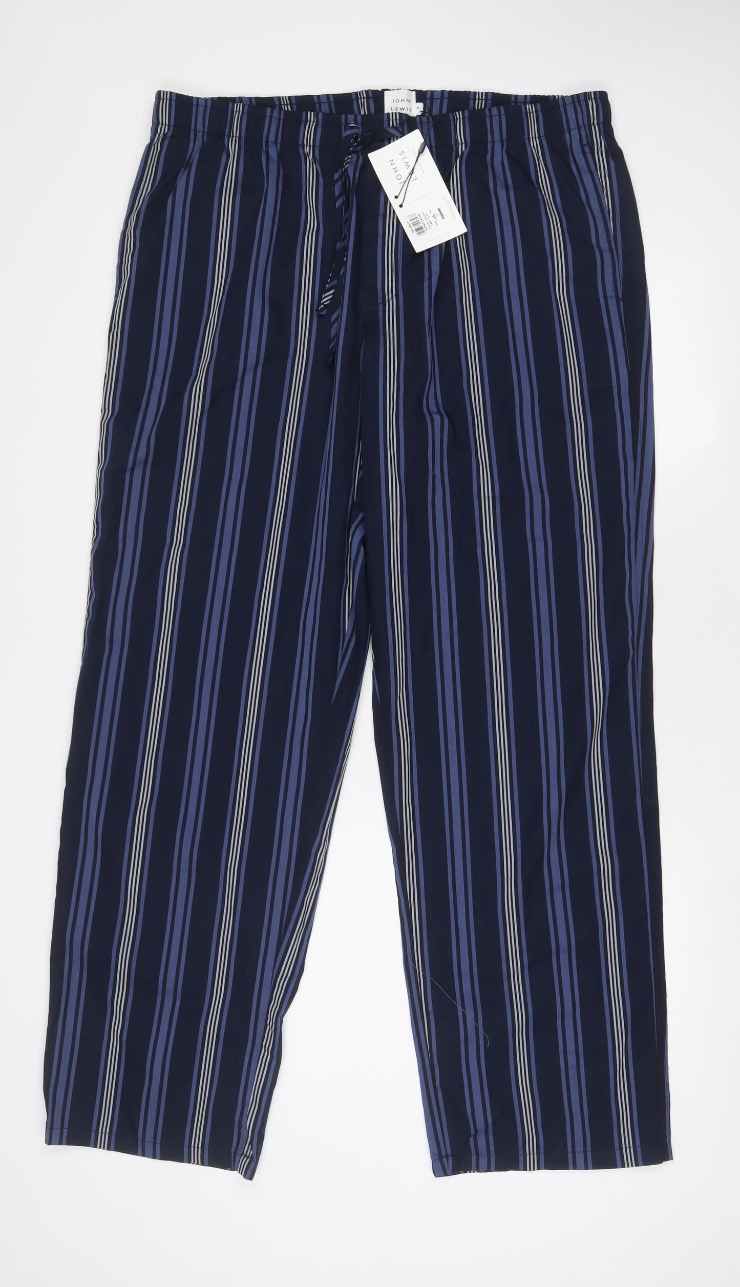 John Lewis Mens Blue Striped Cotton Pyjama Pants Size XL Drawstring