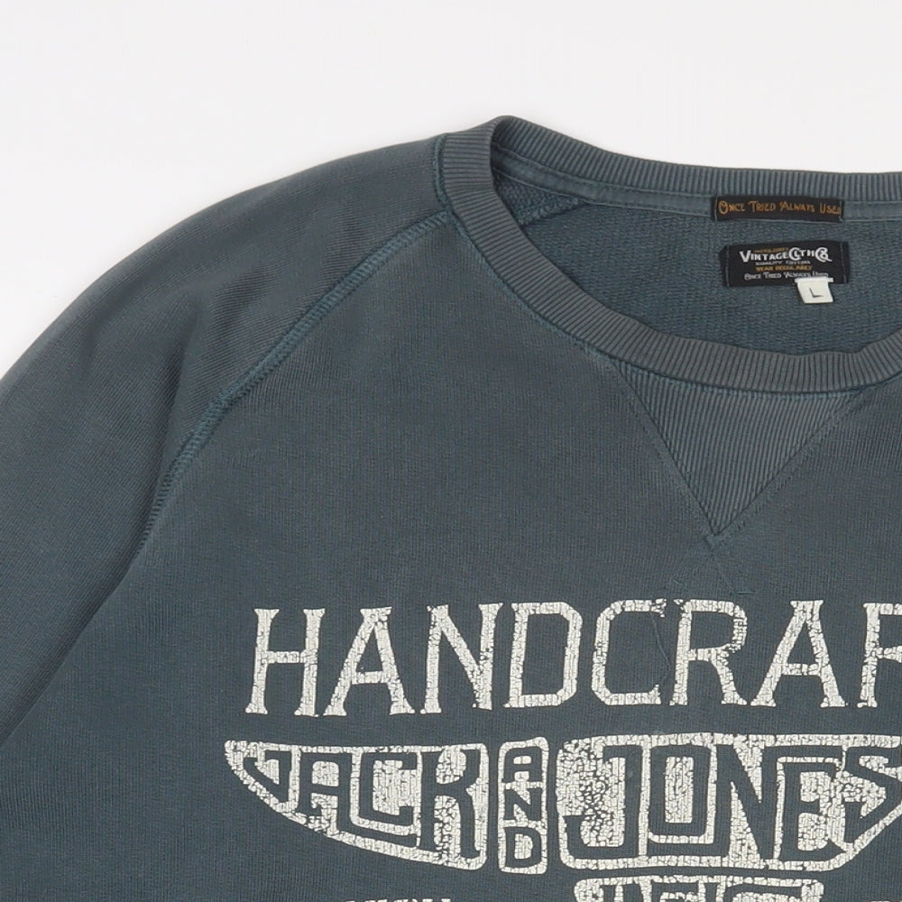 JACK & JONES Mens Blue Cotton Pullover Sweatshirt Size L - Vintage