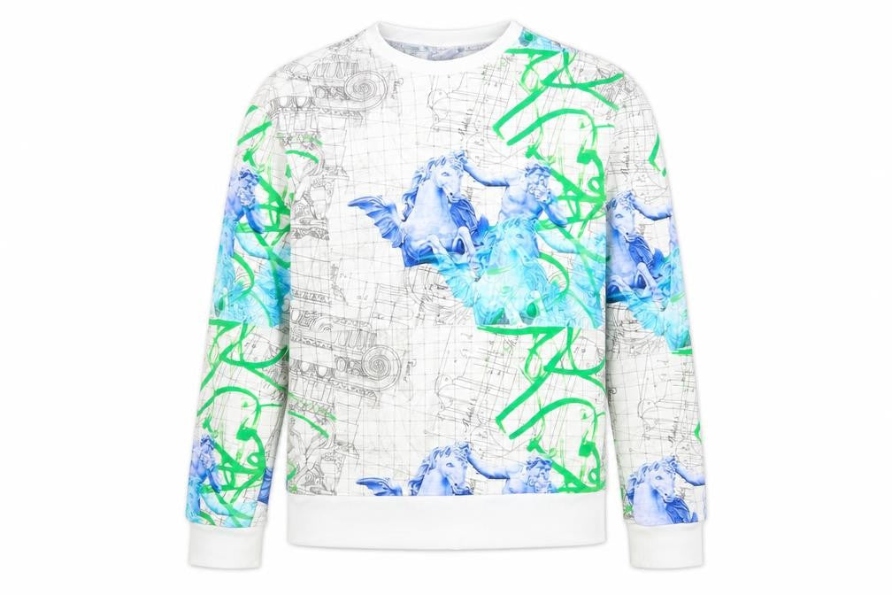 Front view of Bravian men’s white geometric cotton pullover sweatshirt, size M