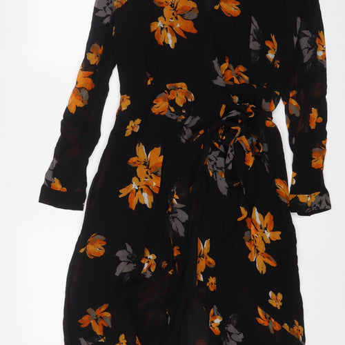 Copenhagen Womens Black Floral Polyester A-Line Size 14 V-Neck Tie