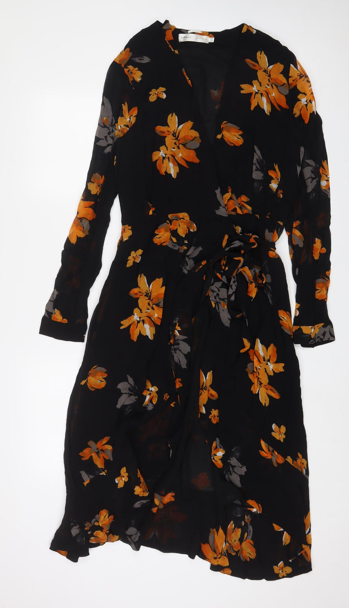 Copenhagen Womens Black Floral Polyester A-Line Size 14 V-Neck Tie