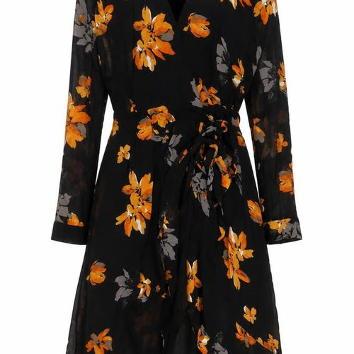 Copenhagen Womens Black Floral Polyester A-Line Size 14 V-Neck Tie