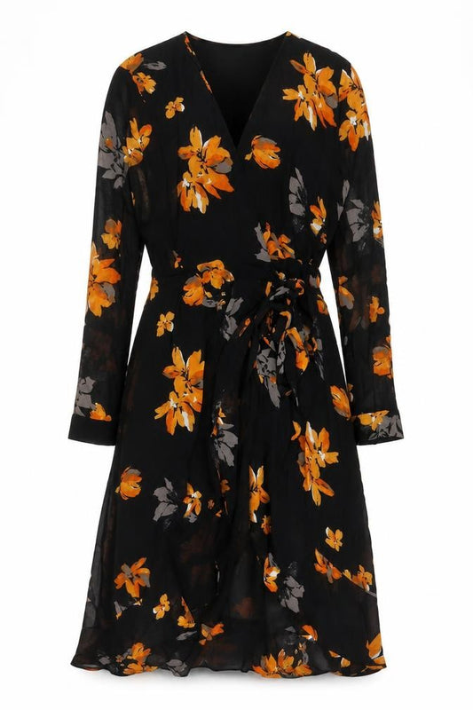 Front view of Copenhagen women’s black floral polyester a-line, size UK 14, v-neck tie