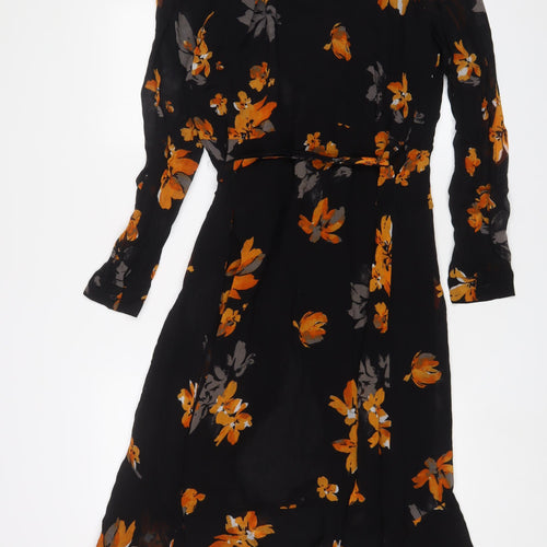 Copenhagen Womens Black Floral Polyester A-Line Size 14 V-Neck Tie