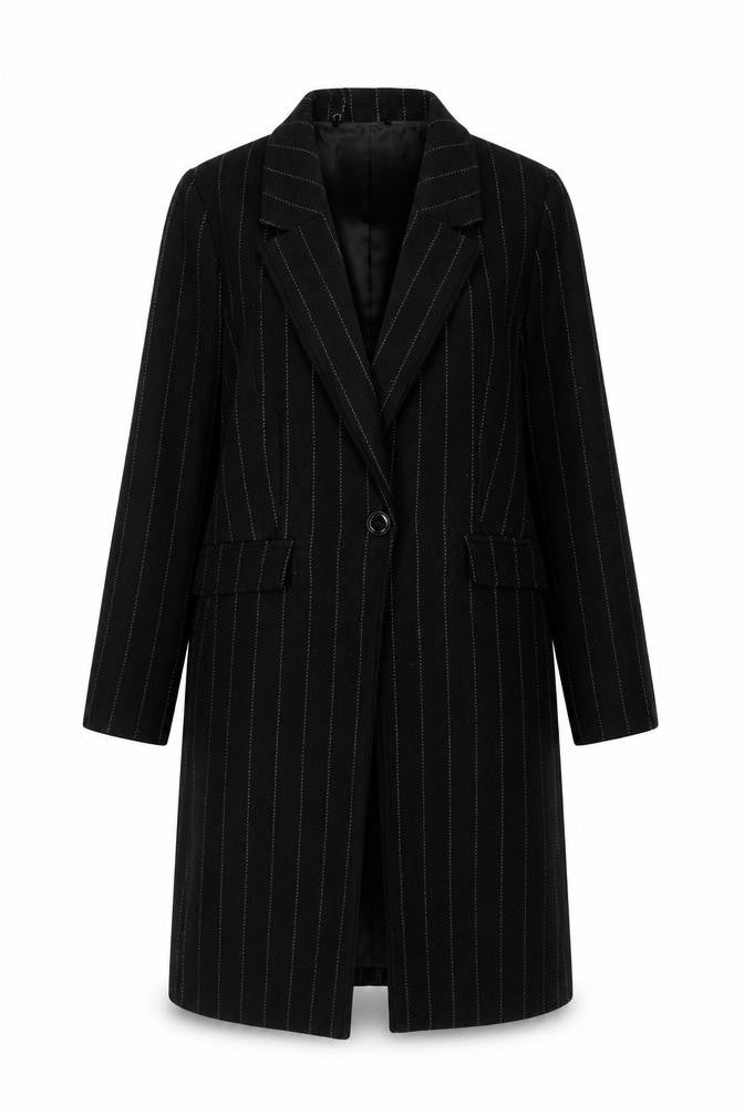 Front view of Marks & Spencer women’s black striped overcoat coat, size XS, button
