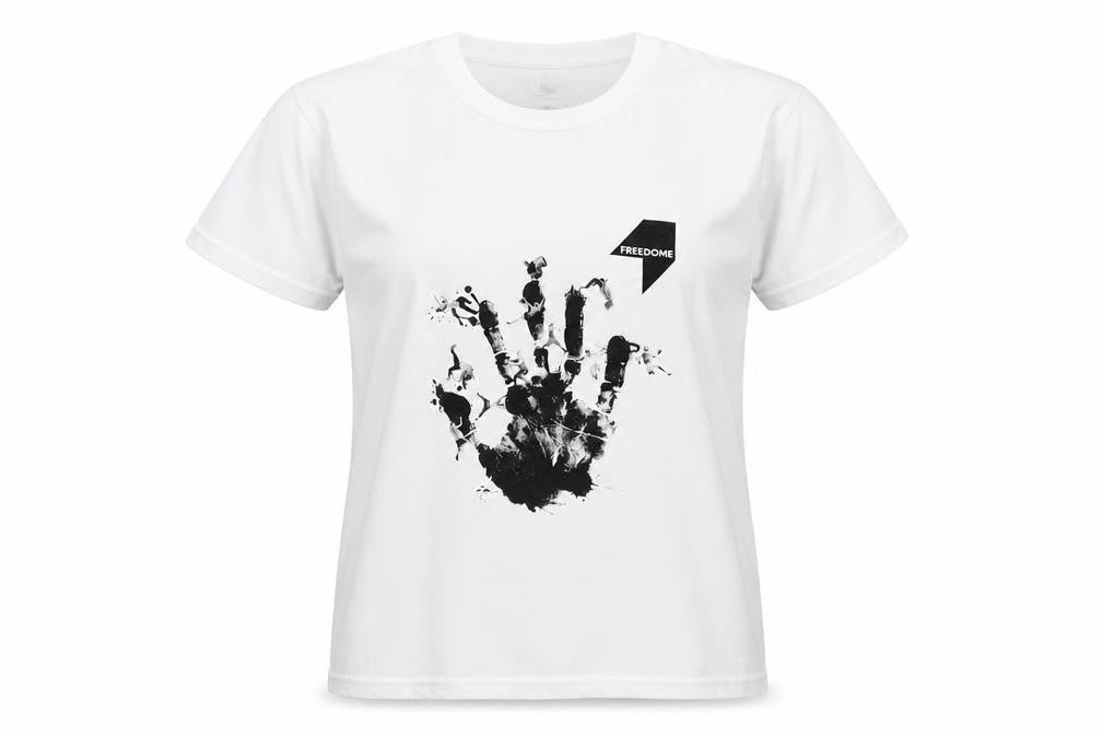 Front view of Freedome women’s white cotton basic t-shirt, size S, crew neck