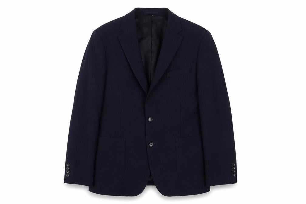 Front view of Marks & Spencer men’s blue polyester jacket suit jacket, size 40, regular - inside pockets