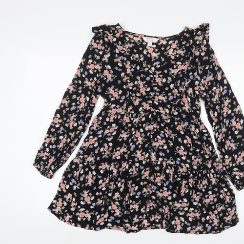Miss Selfridge Womens Black Floral Viscose A-Line Size 6 V-Neck Button